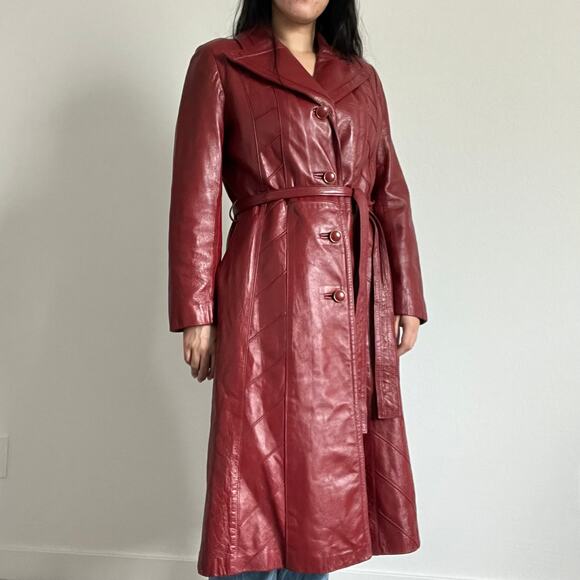 Vintage Jackets & Blazers - Vintage Red 100% Leather trench coat long line button down blazer trench Jacket